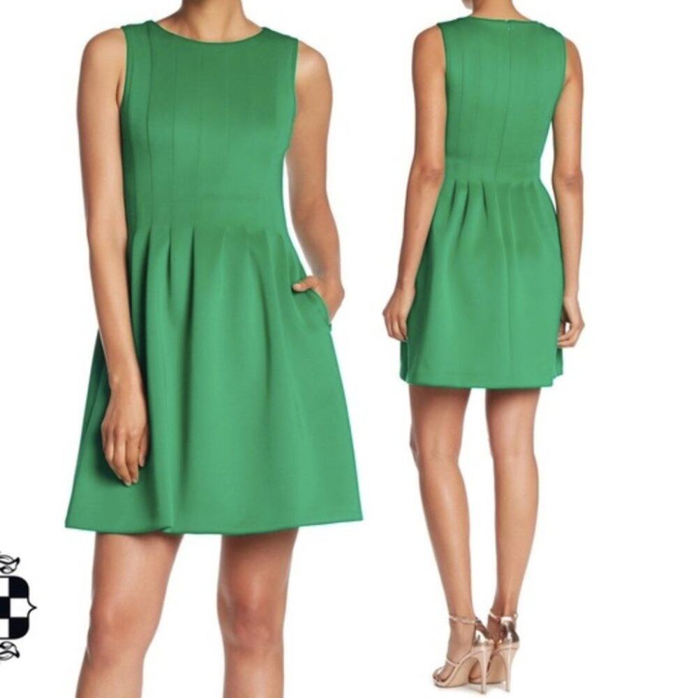 NWOT CALVIN KLEIN Green Pleated Scuba Fit & Flare Dress - 6 - Picture 2 of 8